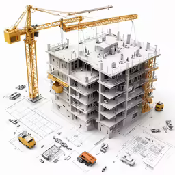 a construction site with large white buildings and yellow crane
