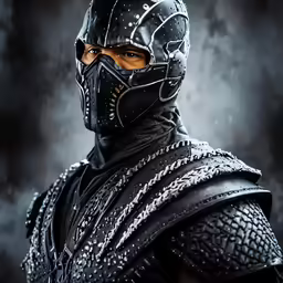 a man dressed in a black mask, warrior costume