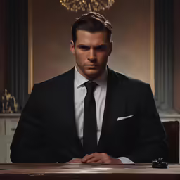 a young man dressed in a suit sitting at a wooden table