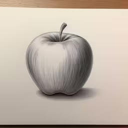 drawing of an apple with one pencil, in front of a white background,a pencil drawing of an apple on a white paper