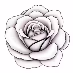 a drawing of a rose flower with the outline of it,a drawing of a white rose with a black outline,a drawing of a flower in black and white,a rose is the center piece of this tattoo design,a black and white rose with one large flower in the middle