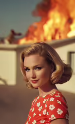 a woman in a red floral dress standing next to a fire