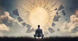 a person in a chair in front of a big sun