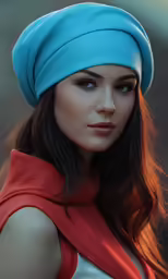 the blue turban is worn by a woman with long hair