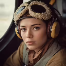 an air hostess wearing eye patches and ear muffs