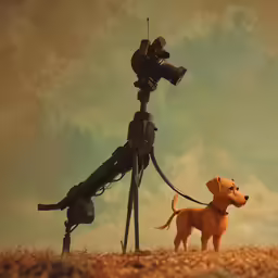 a camera in front of a dog standing on a dirt ground