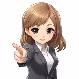 a girl in business attire pointing to the side