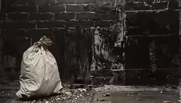 trash bag sitting in a pile next to a stone wall