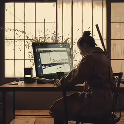 a man wearing an overcoat sitting in front of a computer