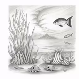 a pencil drawing of fish swimming over corals and seas