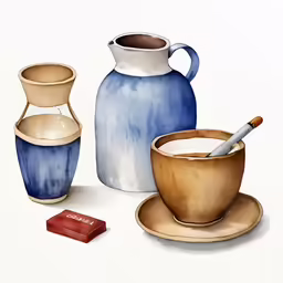 a watercolor drawing of a cup on saucer next to tea kettle and book