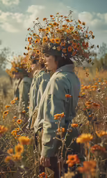 a man standing in a field with an enormous bouquet of flowers on his head