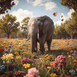 an elephant walks through the middle of a field of flowers