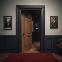 a hallway with a picture of a man and potted plant