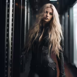 a beautiful woman in a black leather outfit,a very attractive woman in leather clothes standing next to metal bars