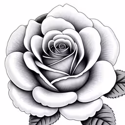 a white rose on a black background,a black and white drawing of a rose,a black and white drawing of a flower,a tattoo style rose with leaves in the middle,a drawing of a rose flower