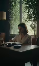 a woman is writing while sitting at the table