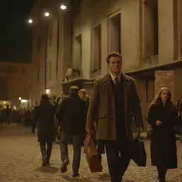 a man is walking in a dark alley with a bag