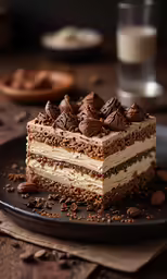 three layers dessert with chocolate and cream filling