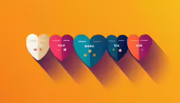 five hearts are on an orange background with one red and one yellow