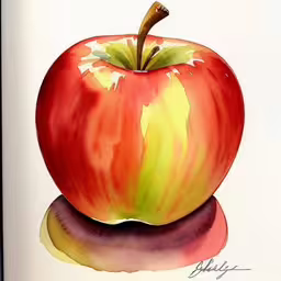 painting of a painted apple on white paper,an apple is on top of the base and there are other objects in the image