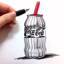 a hand drawing a coke bottle with a fountain pen,a drawing of a coca cola with a crayon marker