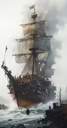 an old ship in the water with smoke coming out of it