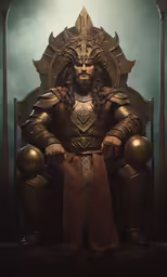 a man in armor sitting on a big chair