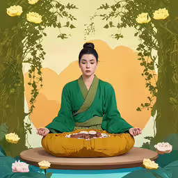 a woman sitting on top of a rug in front of a mural,a woman in green kimono meditating with pigtails