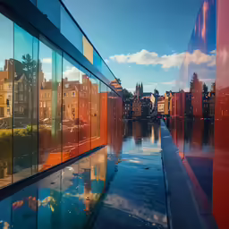 a reflection of buildings and blue sky on water