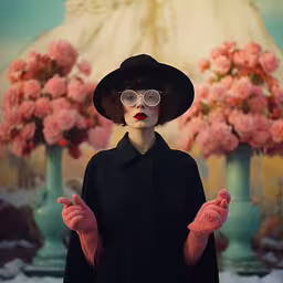 a model with a large hat and glasses wearing pink gloves,a model wearing a long coat, gloves and hat with gloves over her eyes