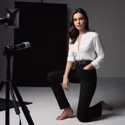 the actress poses for a photo shoot on a grey background