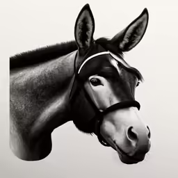 black and white portrait of a horse wearing a bridle