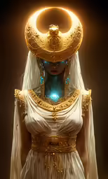 the woman is dressed in white and gold