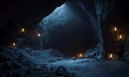 several lanterns light up the cave in the dark