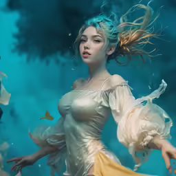 a painting of a woman in yellow dress and feathers
