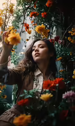 a woman with long brown hair holding flowers on the stems