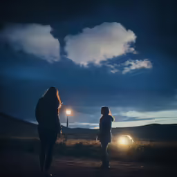 two people standing in a field holding a light