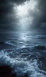 a dark ocean with waves and a full moon