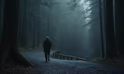 a person walking up a dirt road in the woods