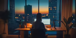 woman sitting at her desk using a computer in the evening