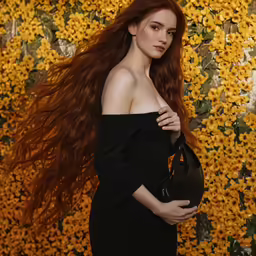 a woman with long red hair and holding a purse
