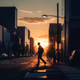 a man crossing the street with a hat and backpack