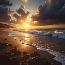 a sun rising over an ocean with waves