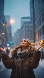 a woman is standing in a city street as the rain has passed