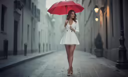 a beautiful woman walking down a city street holding a red umbrella