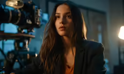 a woman stands in front of an easel and lights