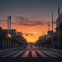 sunset over street lights and buildings on both sides