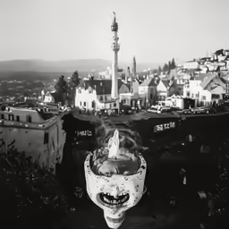 a scary mask with a full head in front of the city
