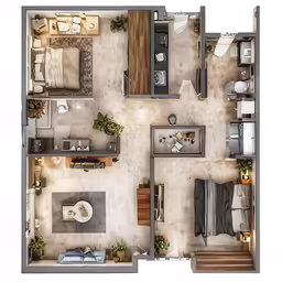 a top down view of a four bedroom apartment